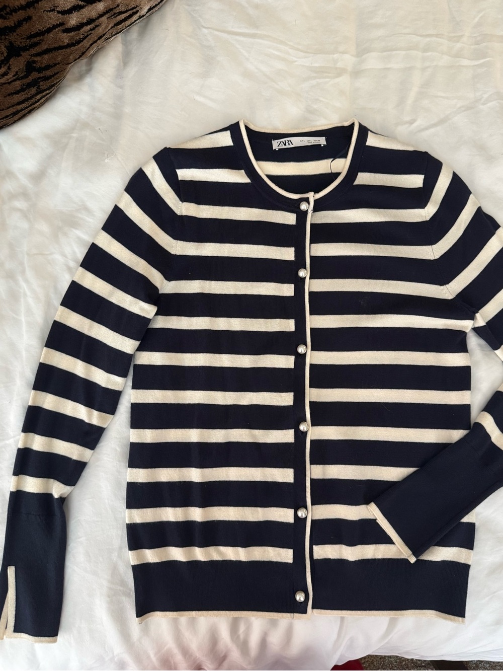 Zara Long Sleeve Navy & White Striped Cardigan with pearl buttons